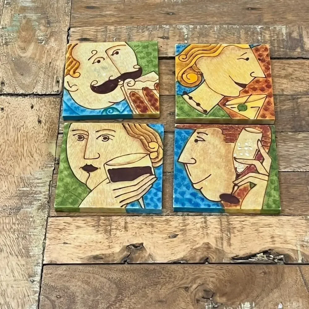 Vintage Resin Men & Women With Drinks Fun Cocktail Coasters Textured Set Of 4